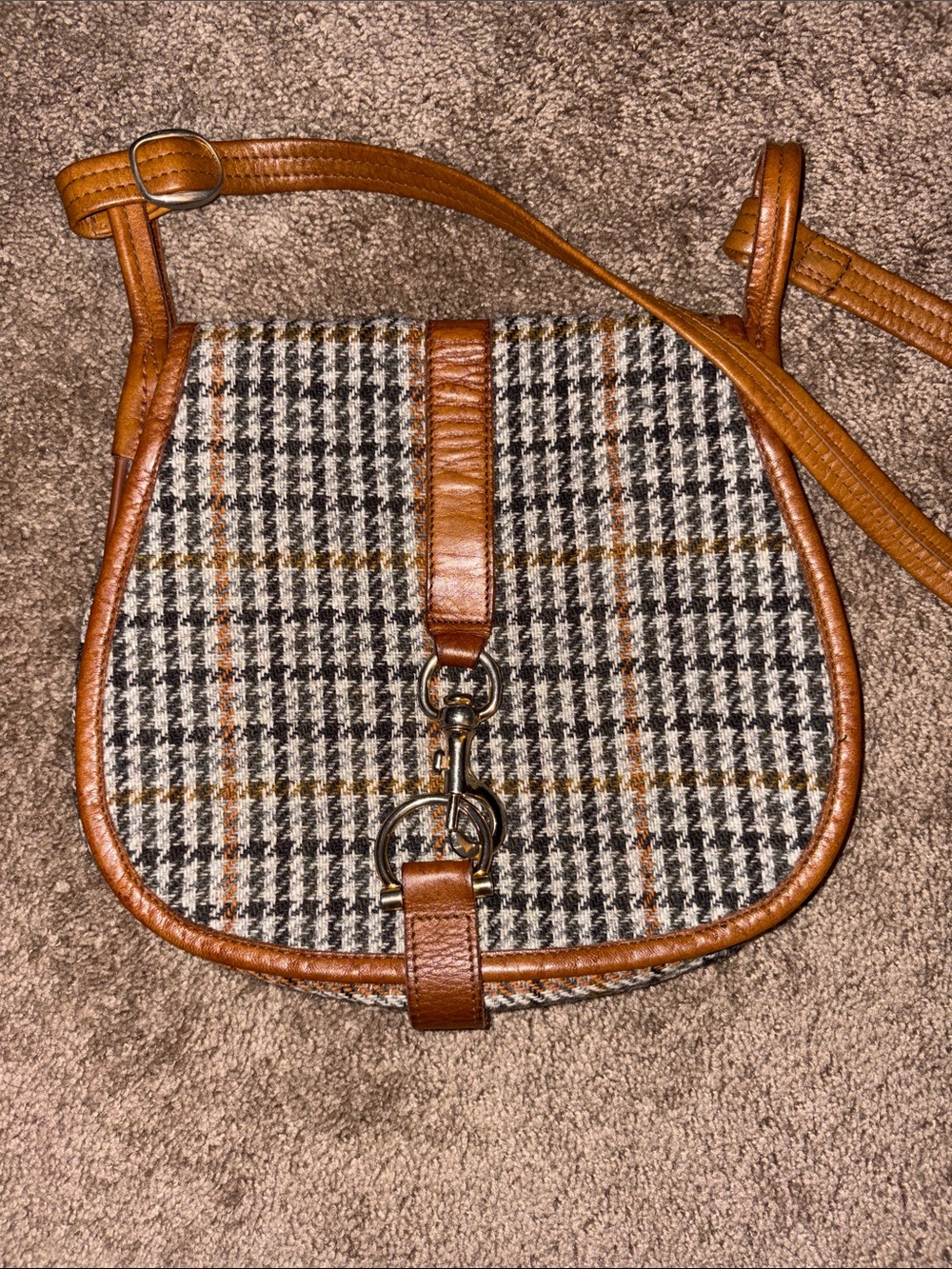 Harris Tweed Brown Wool with Leather-Trim Houndstooth Crossbody Bag